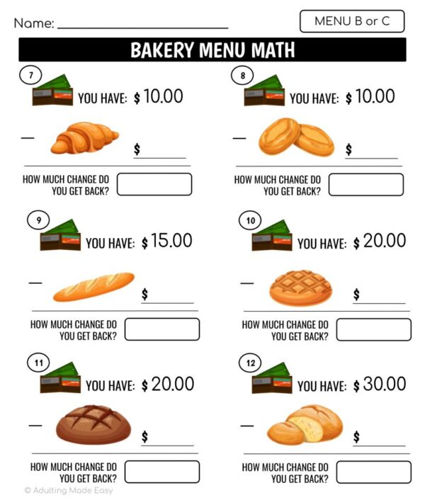Bakery Menu Math Making Change Subtraction Worksheets - Image 4