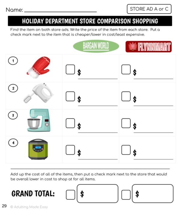 Holiday Department Store Ad Math Comparison Shopping Worksheets