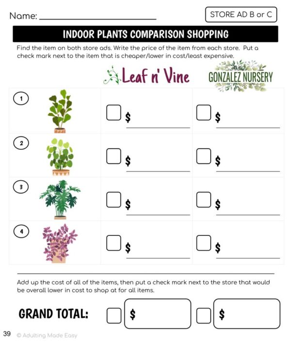 Plants Store Ad Math Comparison Shopping Worksheets