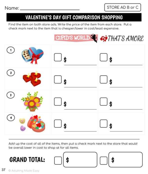 Valentine's Day Store Ad Math Comparison Shopping Worksheets