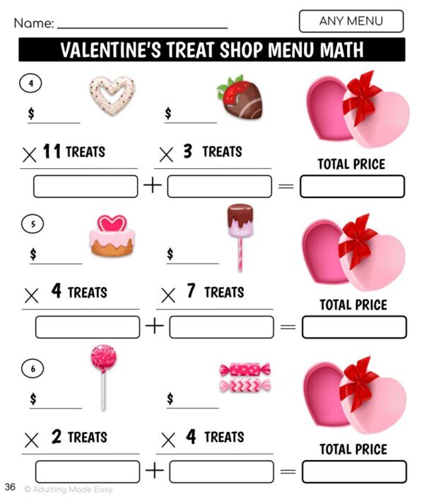 Valentine's Treat Shop Menu Math Multiplication Worksheets