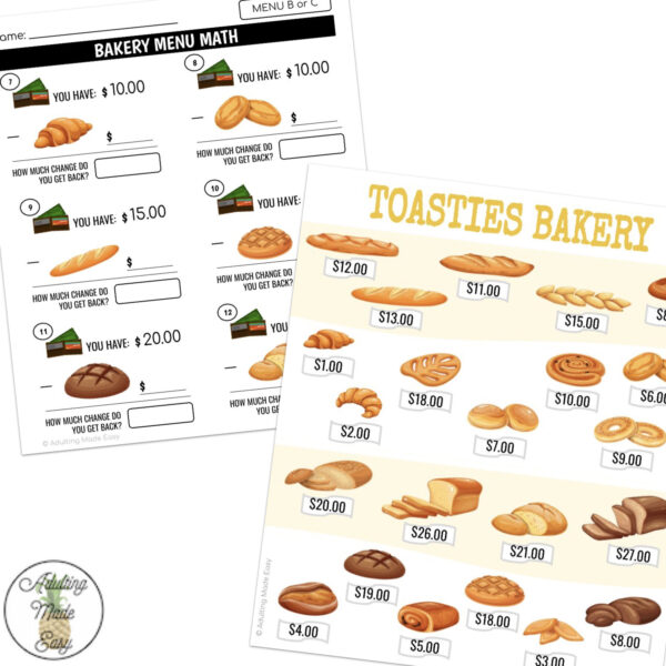 Bakery Menu Math Making Change Subtraction Worksheets