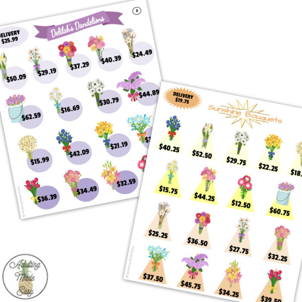 Flower Bouquet Store Ad Math Comparison Shopping Worksheets