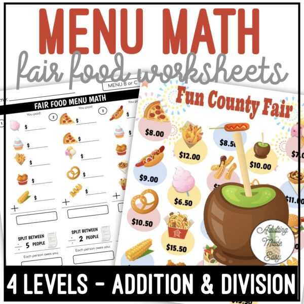 Fair Food Menu Math Addition & Division Worksheets