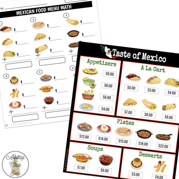 Mexican Food Menu Math Addition Worksheets