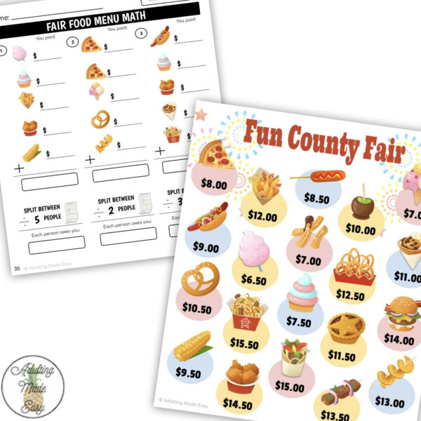 Fair Food Menu Math Addition & Division Worksheets