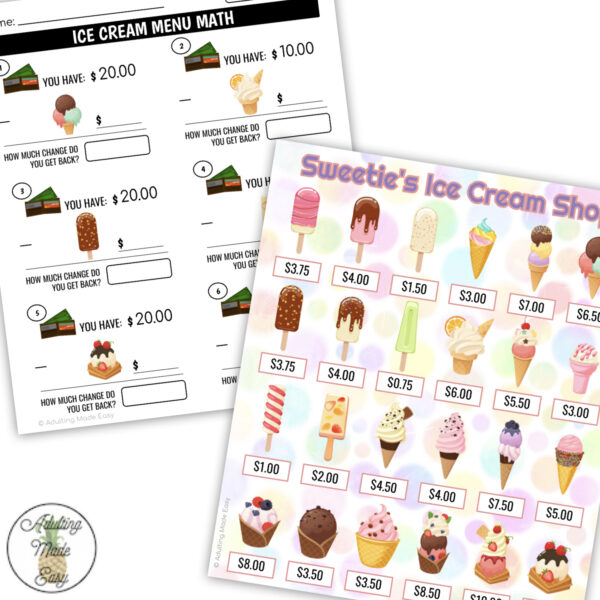 Ice Cream Shop Menu Math Making Change Subtraction Worksheets