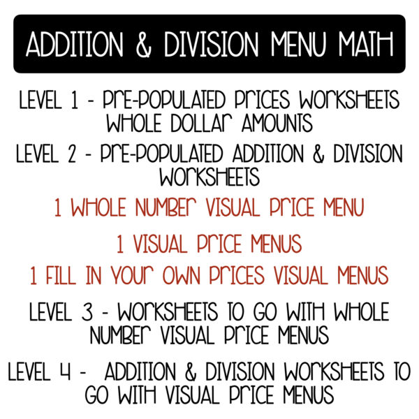 Fair Food Menu Math Addition & Division Worksheets - Image 4