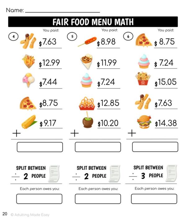 Fair Food Menu Math Addition & Division Worksheets