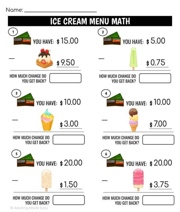 Ice Cream Shop Menu Math Making Change Subtraction Worksheets