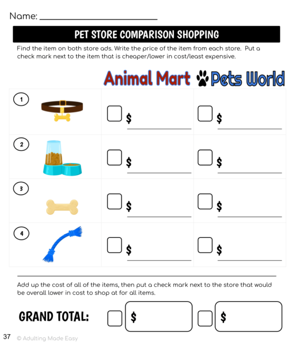 Pet Store Ad Math Comparison Shopping Worksheets