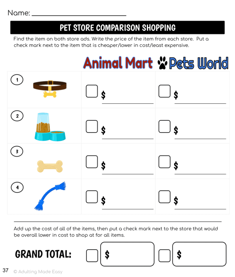 Pet Store Ad Math Comparison Shopping Worksheets