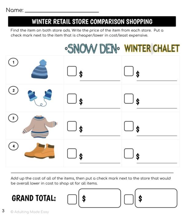 Winter Retail Store Ad Math Comparison Shopping Worksheets - Image 3