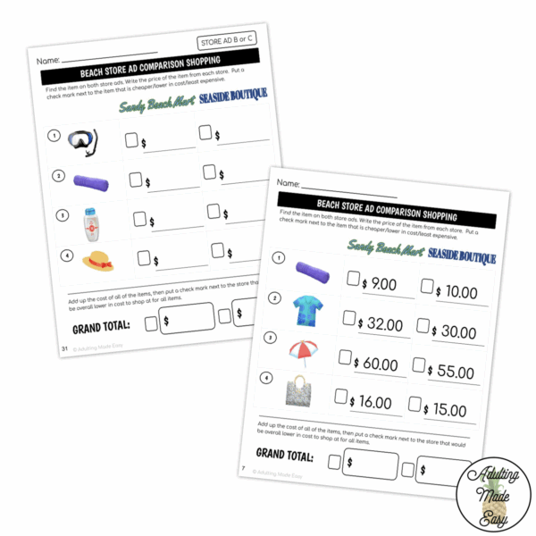 Beach Store Ad Math Comparison Shopping Worksheets - Image 3