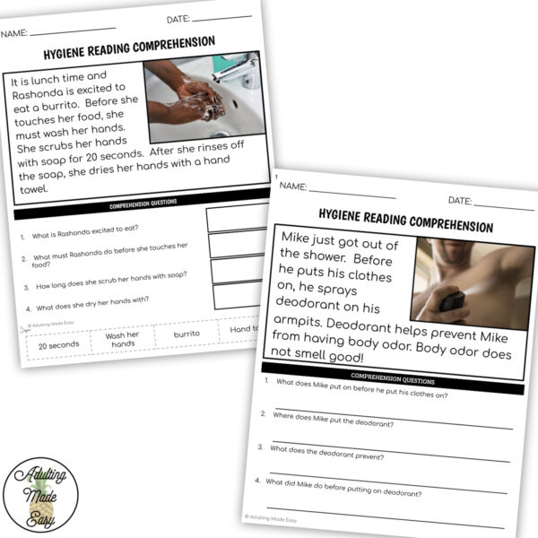 Hygiene Simplified Reading Comprehension Worksheets