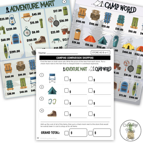 Camping Store Ad Math Comparison Shopping Worksheets