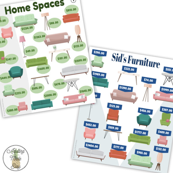 Furniture Store Ad Math Comparison Shopping Worksheets