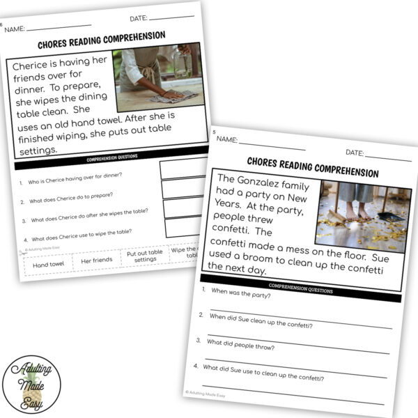 Chores Simplified Reading Comprehension Worksheets