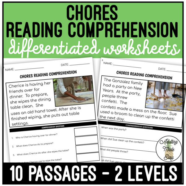 Chores Simplified Reading Comprehension Worksheets