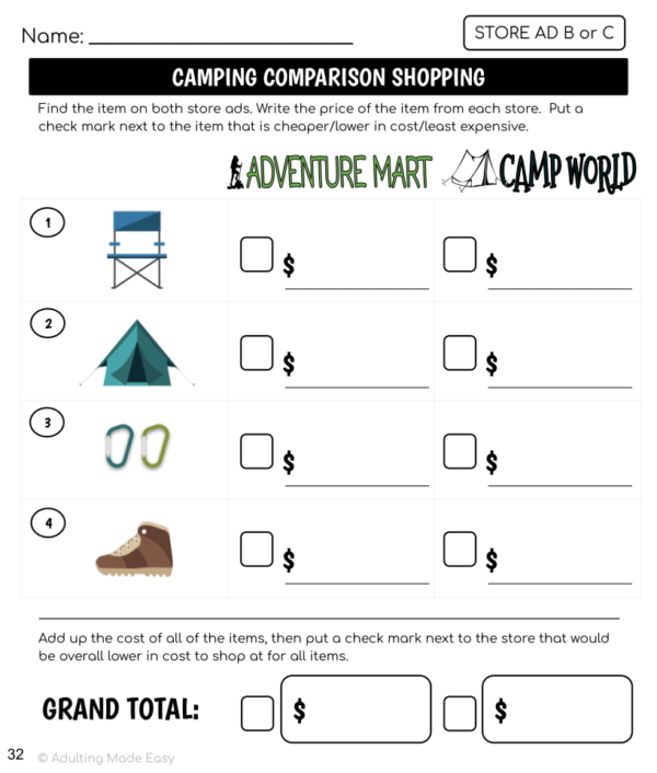 Camping Store Ad Math Comparison Shopping Worksheets