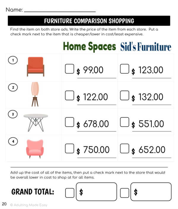 Furniture Store Ad Math Comparison Shopping Worksheets