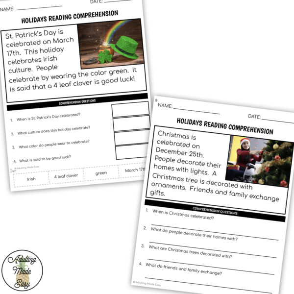 Holidays Simplified Reading Comprehension Worksheets