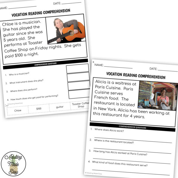 Vocation Simplified Reading Comprehension Worksheets
