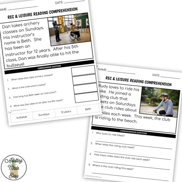 Rec & Leisure Simplified Reading Comprehension Worksheets
