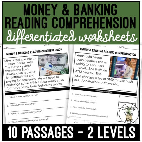 Money & Banking Simplified Reading Comprehension Worksheets