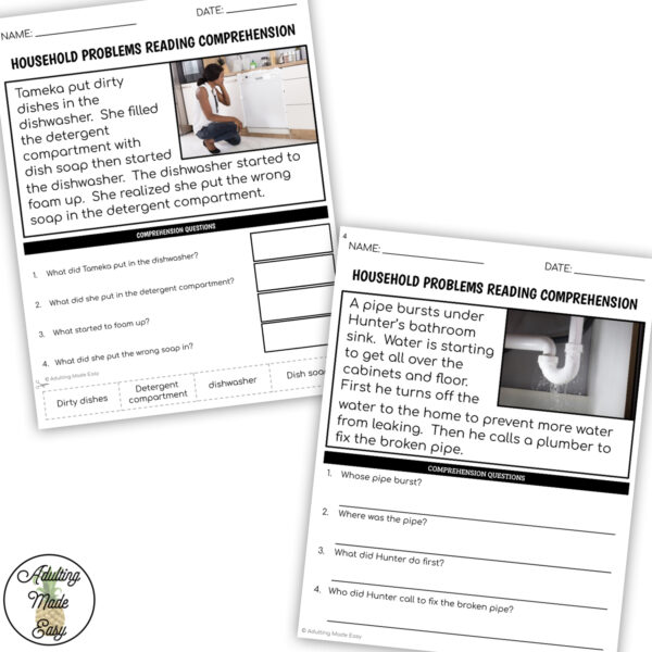 Household Problems Simplified Reading Comprehension Worksheets