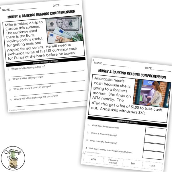 Money & Banking Simplified Reading Comprehension Worksheets