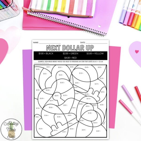Valentine's Day Next Dollar Up Color By Code Worksheets
