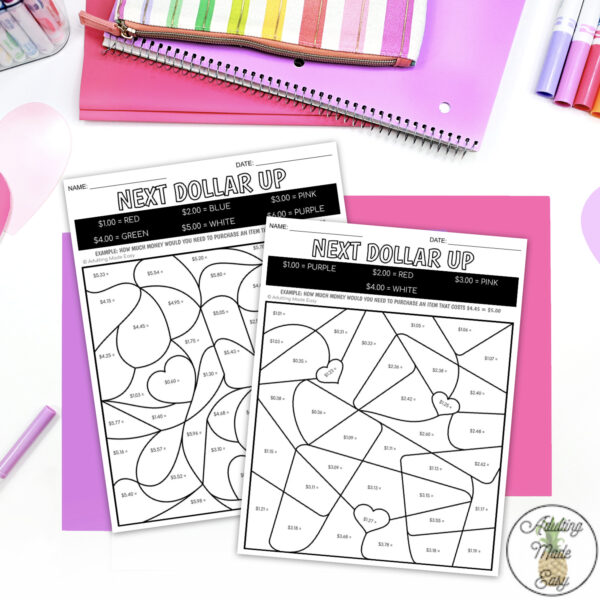 Valentine's Day Next Dollar Up Color By Code Worksheets