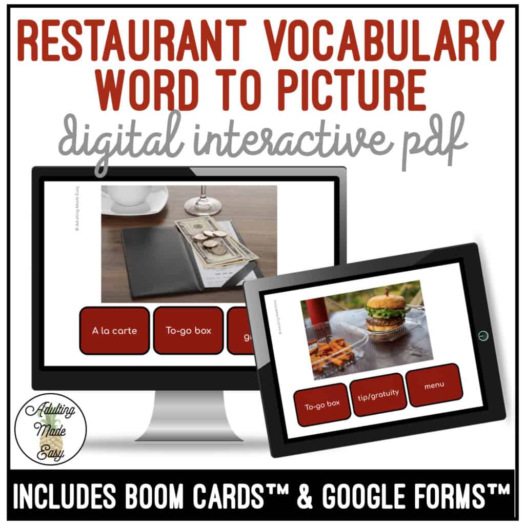 Restaurant Vocabulary Word to Picture Digital Task Cards