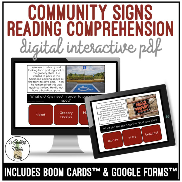 Community Signs Simplified Reading Comprehension Digital Interactive Activity