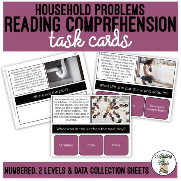 Household Problems Simplified Reading Comprehension Task Cards