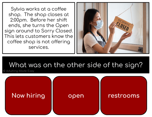 Community Signs Simplified Reading Comprehension Task Cards