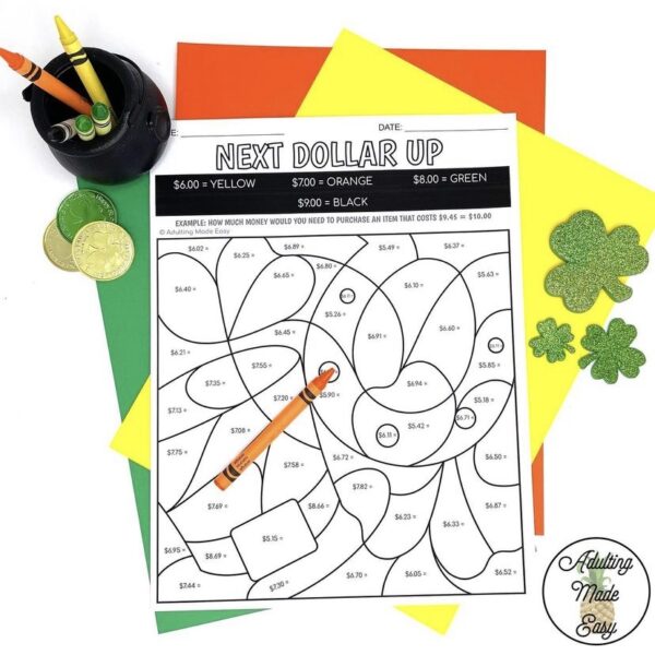 St. Patrick's Day Next Dollar Up Color By Code Worksheets