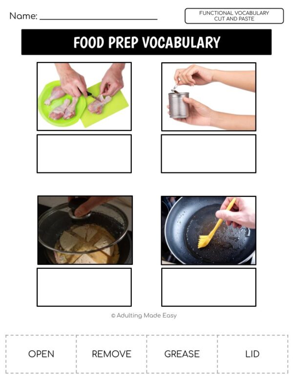 Food Prep Functional Vocabulary CUT AND PASTE Worksheets