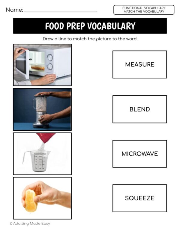 Food Prep Functional Vocabulary MATCH THE WORD Worksheets