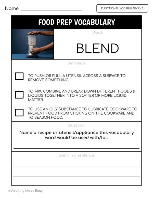 Food Prep Functional Vocabulary LEVEL 2 Worksheets