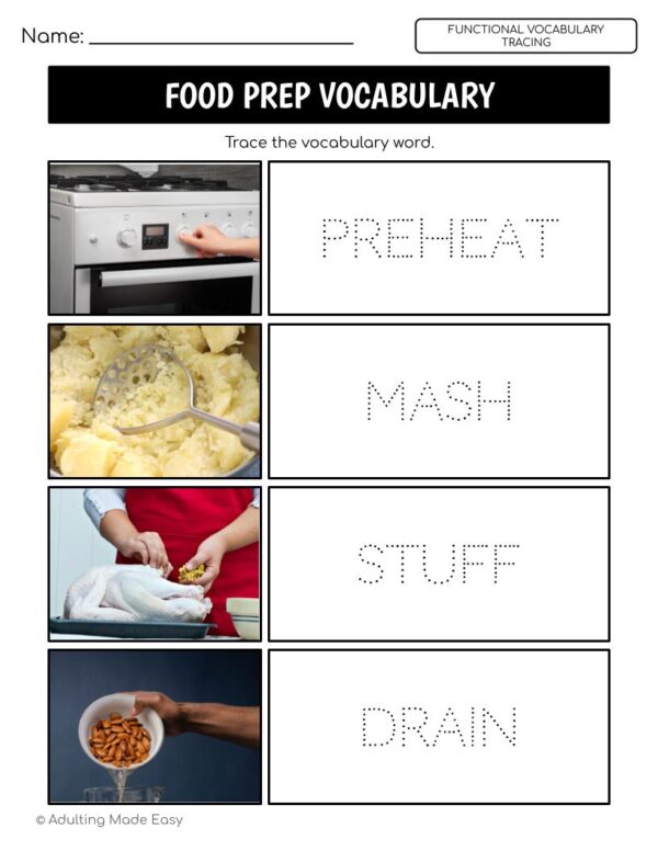 Food Prep Functional Vocabulary TRACING Worksheets