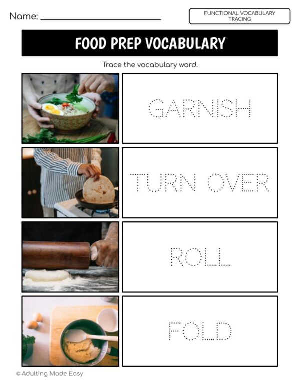 Food Prep Functional Vocabulary TRACING Worksheets