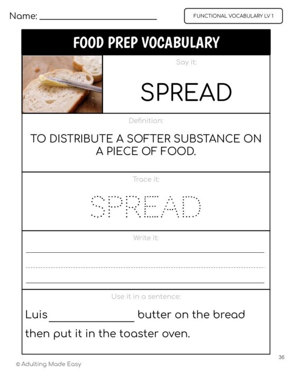 Food Prep Functional Vocabulary LEVEL 1 Worksheets
