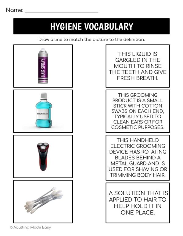 Hygiene Functional Vocabulary DEFINITIONS Worksheets