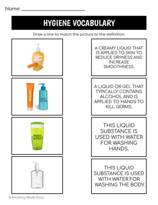 Hygiene Functional Vocabulary DEFINITIONS Worksheets