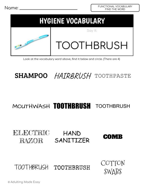 Hygiene Functional Vocabulary FIND THE WORD Worksheets