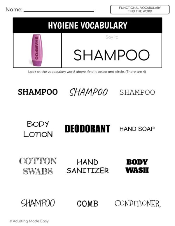 Hygiene Functional Vocabulary FIND THE WORD Worksheets