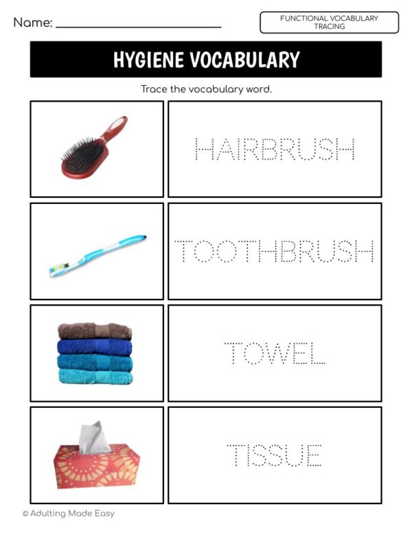Hygiene Functional Vocabulary TRACING Worksheets