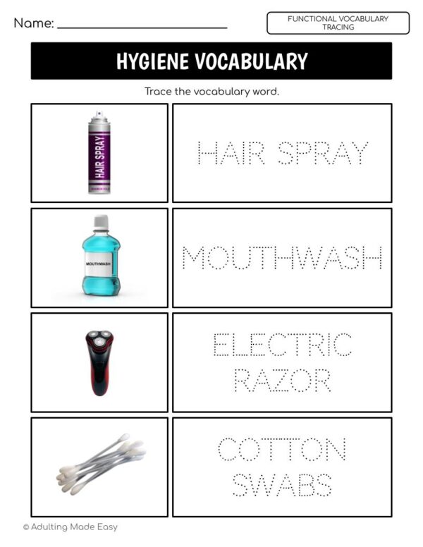 Hygiene Functional Vocabulary TRACING Worksheets